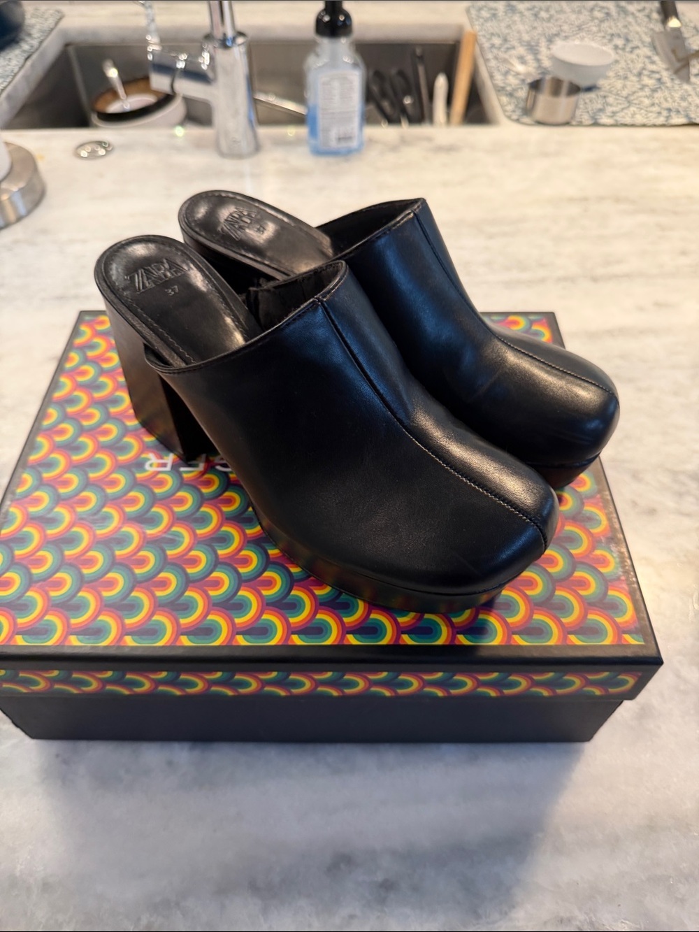 Zara Black Leather Mule Clogs for Women - Slip-On Block Heel